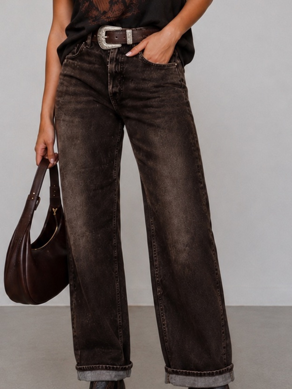 Zara Grunge Wide-Leg Mid-Rise Velvet Jeans in Chocolate Brown Wash Sz 8